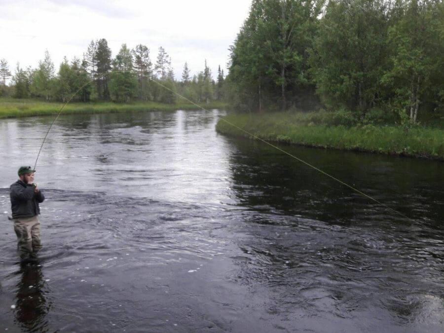 Grayling fly fishing at Veneheitto in Simojärvi river Finnish Lapland
