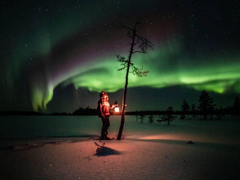 Aurora borealis in winter in Ranua, Finnish Lapland